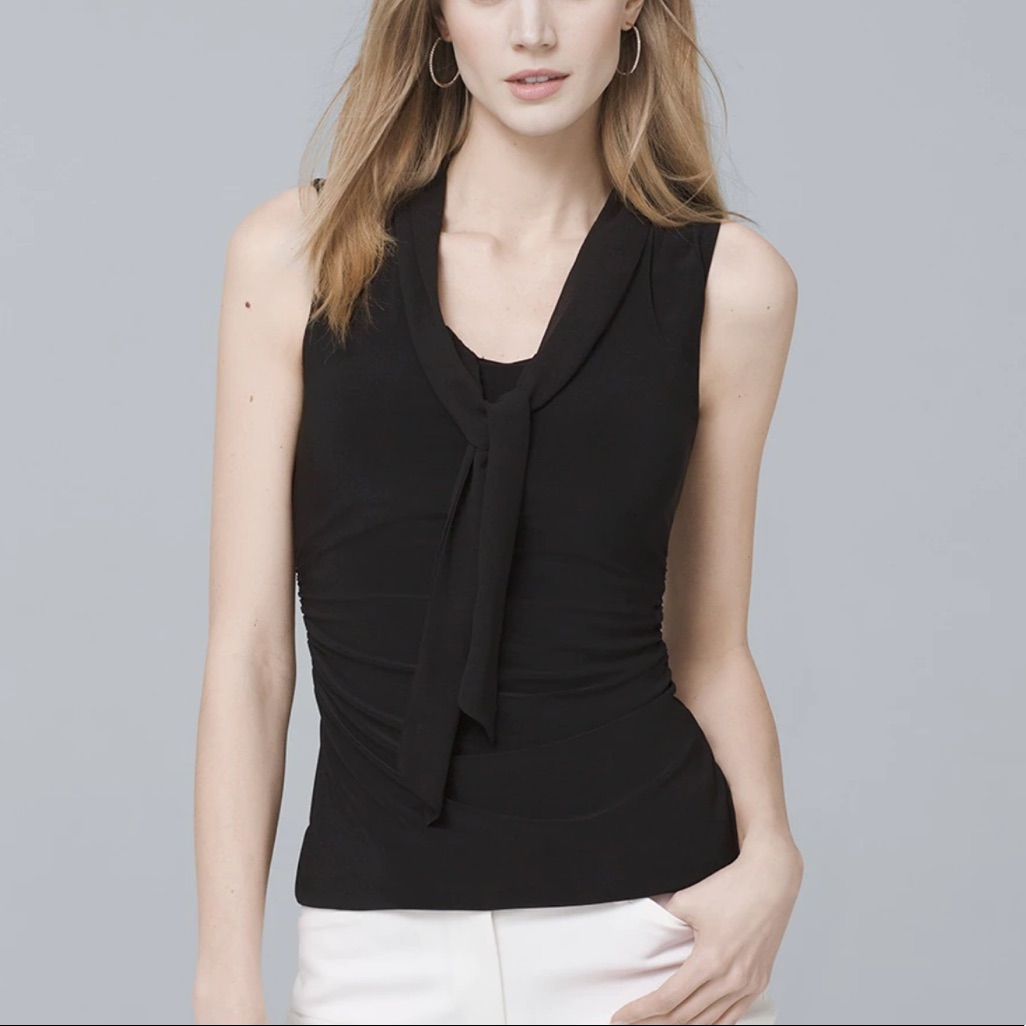 White House Black Market Sleeveless Black Tie-Neck Blouse, Size M